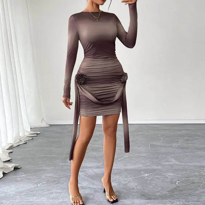 Spring Women Mini Dresses Fashion New Streetwear Tie Flowers Long Sleeves O-Neck Casual Slim Sexy Dress Club Party Lady Clothing