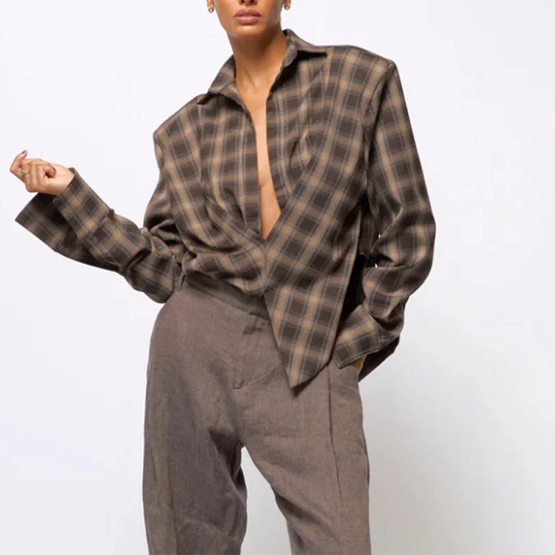 Chic Tailored Plaid Women's Shirts Unique Laple Contrast Full Sleeve Oversize Female Blouse 2025 Autumn Fashion Lady Streetwears