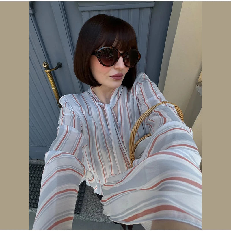 Casual Striped Long Flare Collar Cascading Ruffle Shirt for Women