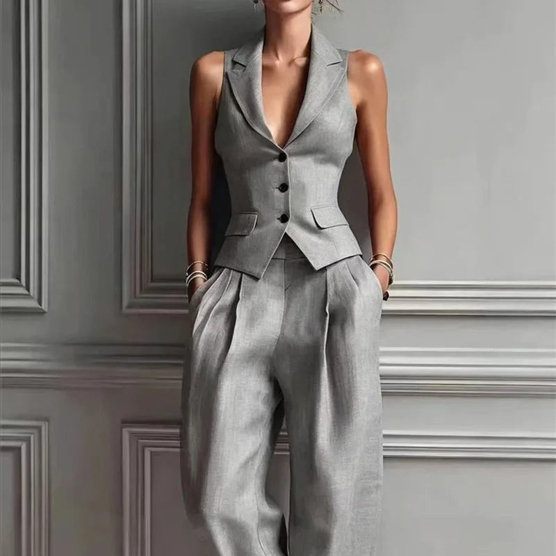 Sleeveless Single Breasted Vest and Pants Set for Women