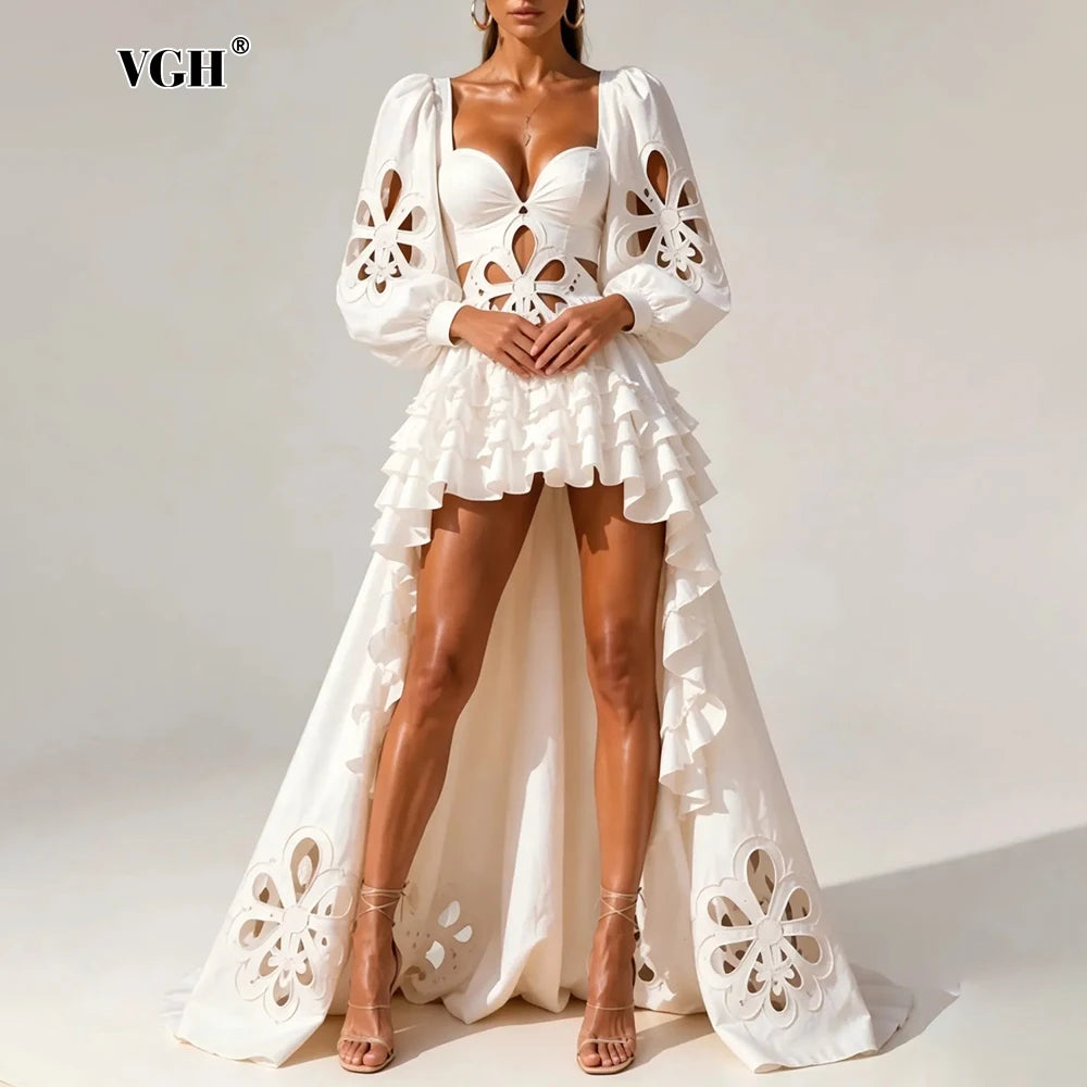 White Floral Cutout Puff Sleeve Gown With Asymmetric Train for Women