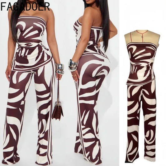 FAGADOER Fashion Stripe Print 2 Pieces Set for Woman Sleeveless Backless Top + Wide Leg Pant Outfits Matching Female Streetwear