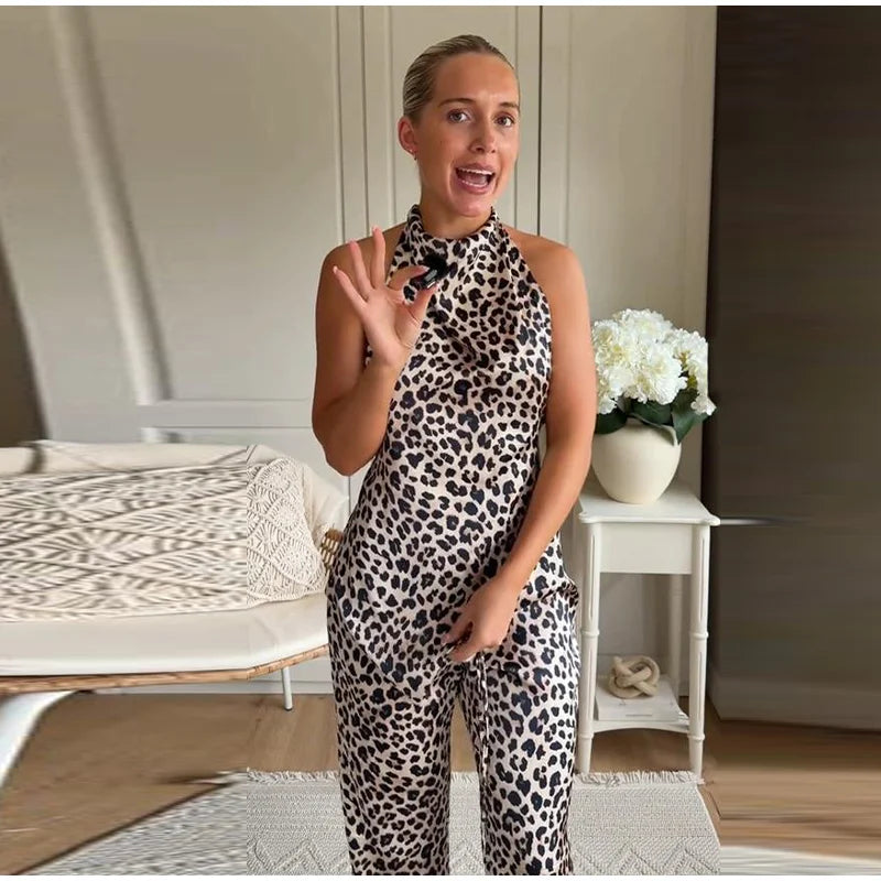 Leopard Print Halter Neck Top And High Waist Flare Pants Set For Women