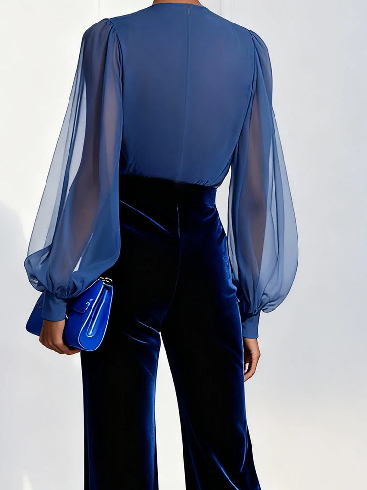 Casual Color Block V Neck Long Sleeve Jumpsuit for Women
