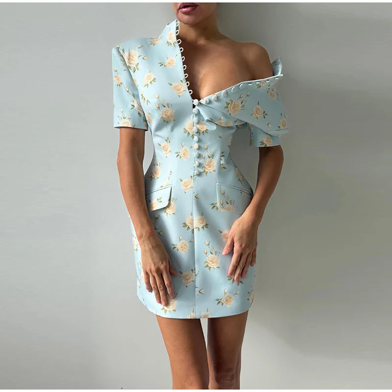 Elegant Printed Short Sleeve Stand Collar Dress for Women