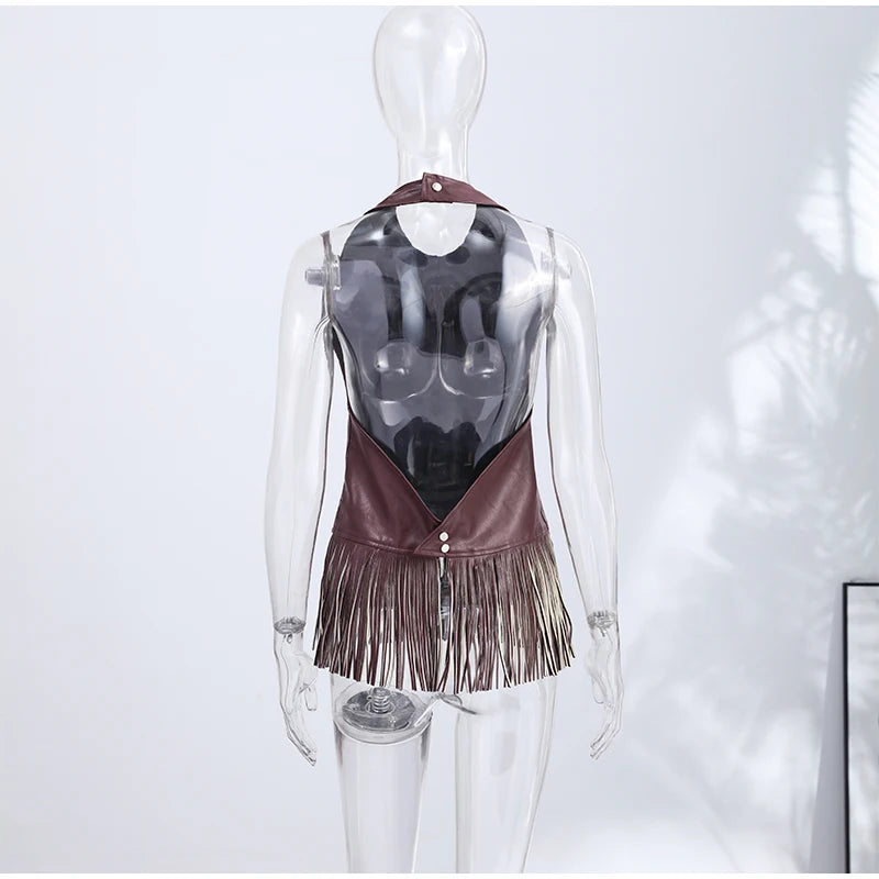 Faux Leather Patchwork Fringe Halter Top for Women