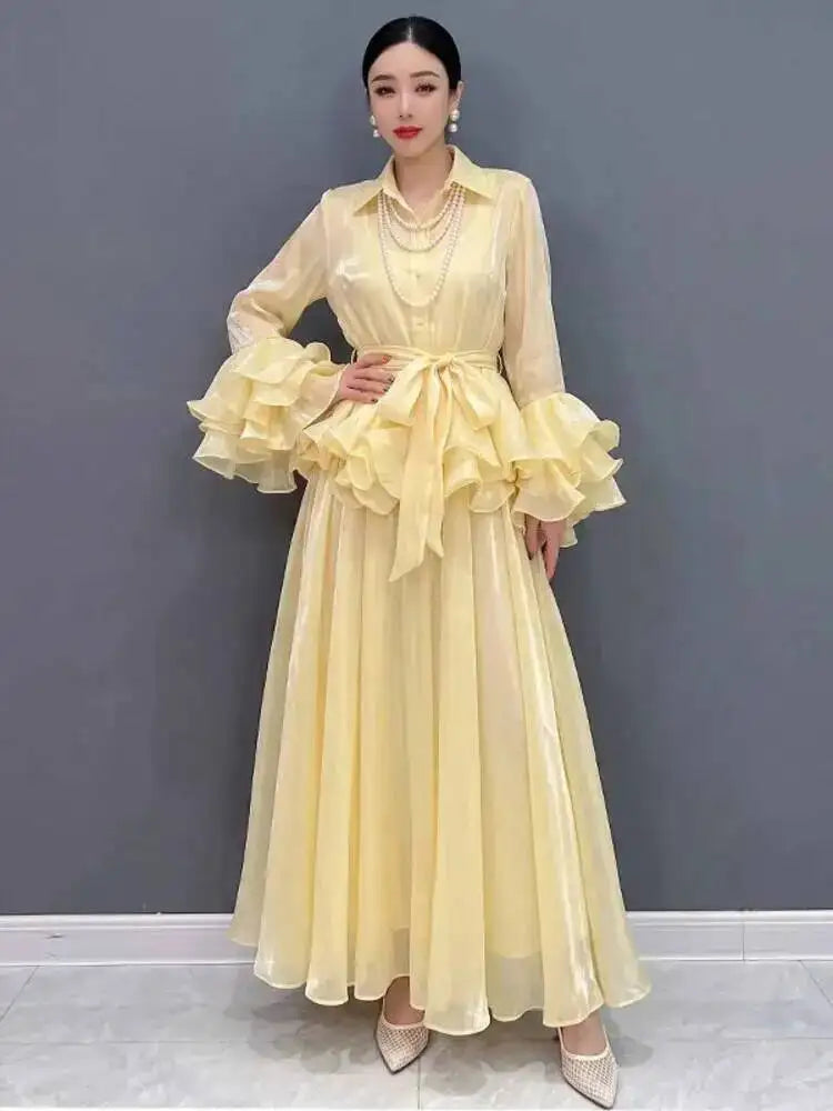 Belted Flare Sleeve Two Piece Set