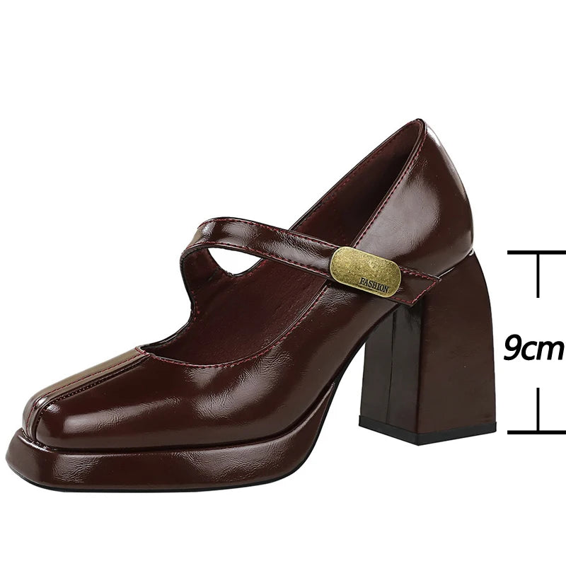 Retro Chunky Metal Buckle Platform Pumps for Women