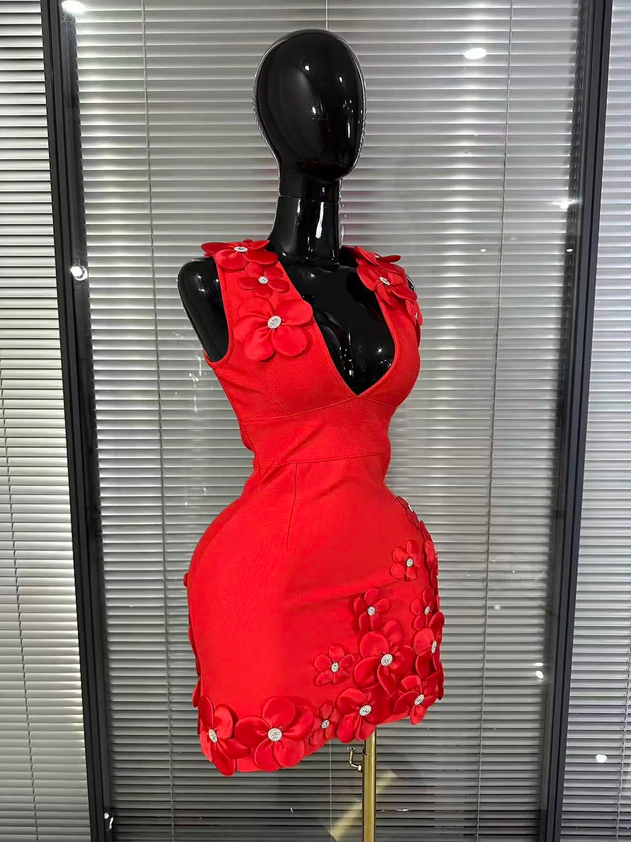 Black Red Women Sexy Sleeveless V-Neck Florals A-Line Bandage Dress Celebrate Nightclub Party Evening Birthday Photohoot Wear