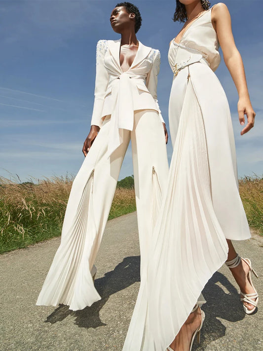 HIGH STREET Newest 2025 Designer Runway Suit Set Women's Lacing Belt Blazer Pleated Zip Pants Set 2pcs Set