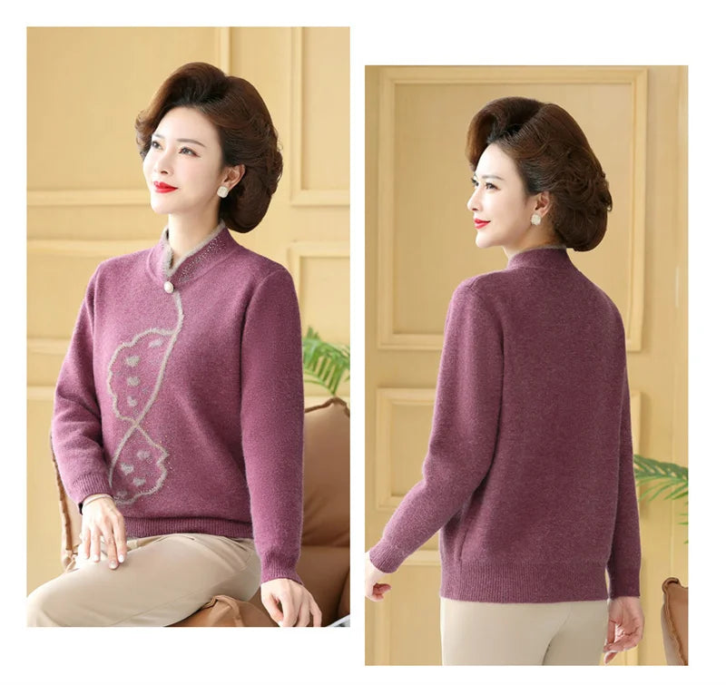 2025 Autumn New Mom's Velvet And Warm Knitted Embroidered Bottom Shirts Imitation Mink Fleece Winter Inner Plsh Thick Pullover
