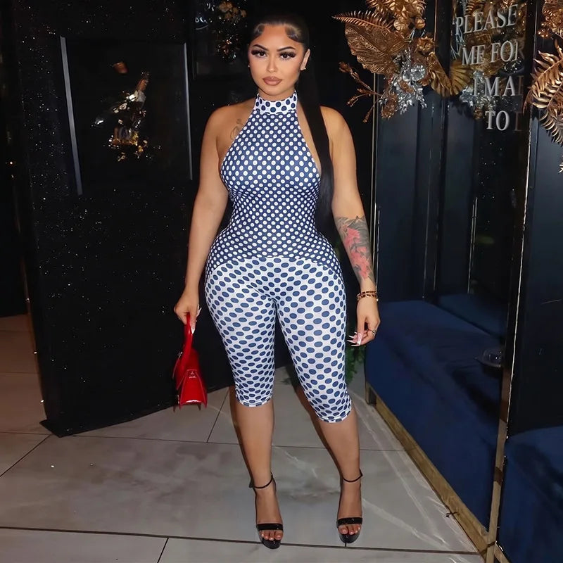 Patchwork Polka Dot Halter Bodycon Romper for Women