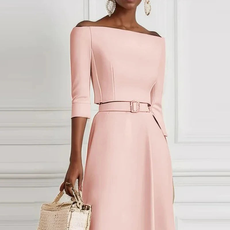 Women Sexy Off Shoulder Half Sleeve Party Dress Elegant Temperament Waist Solid Long Dress Fashion Draped Belt Tie-Up Maxi Dress