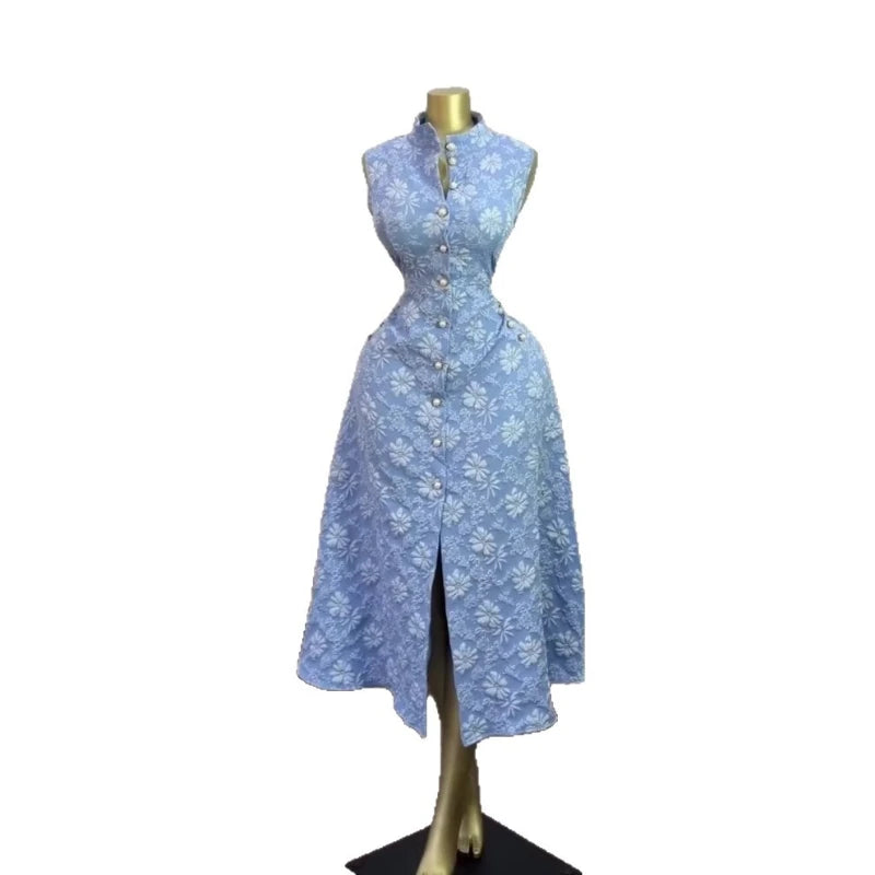 Elegant Sleeveless Stand Collar Midi Dress for Women