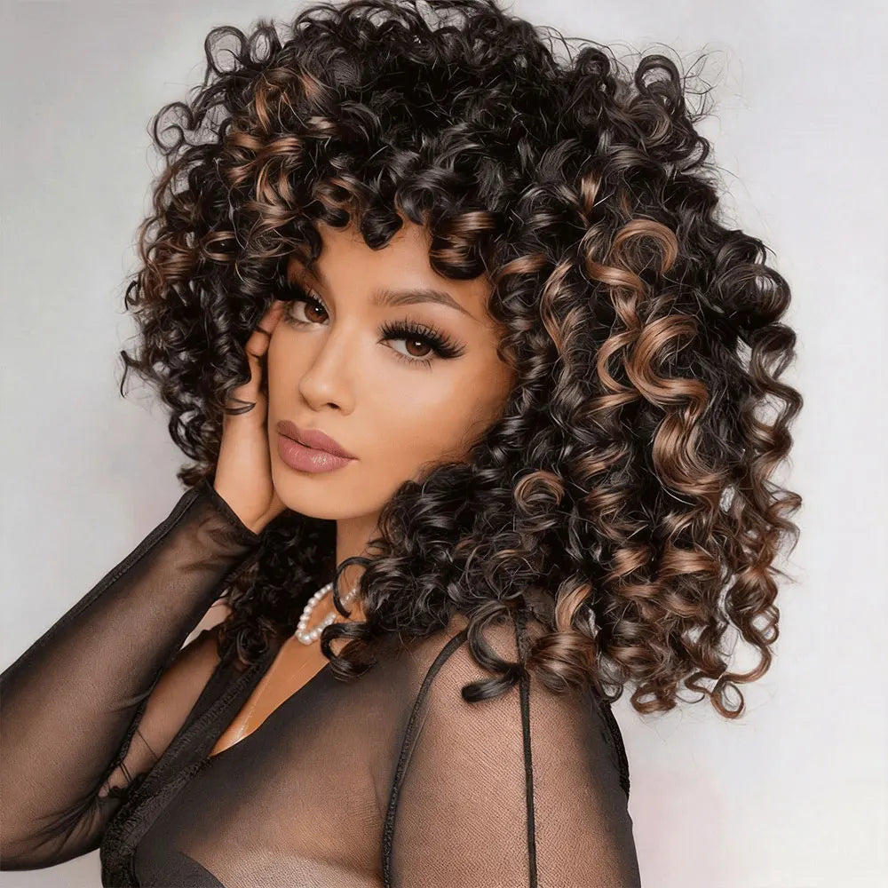 Glueless Ombre Brown Afro Curly Synthetic Wig for Women