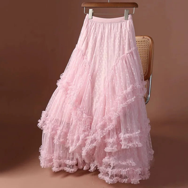 Romantic Vintage Jacquard Tulle Puff Skirt for Women