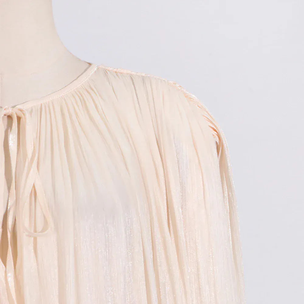 TWOTWINSTYLE Loose Solid Dresses For Women Round Neck Lantern Sleeve High Waist Spliced Fold Mini Chic Dress Female Fashion 2025