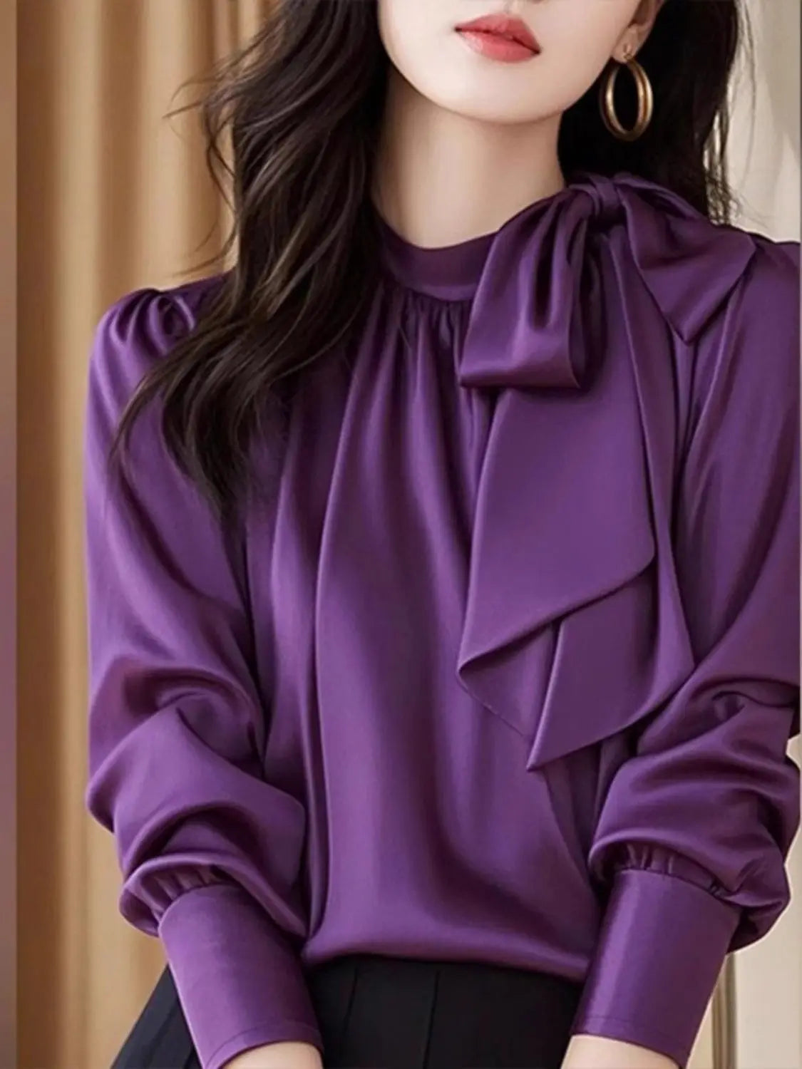 Elegant Purple Satin Blouse With Delicate Bow Accent For Women