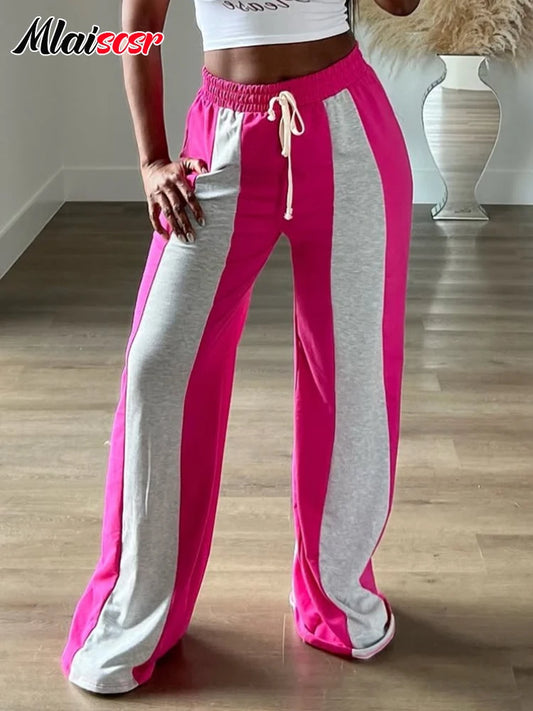 Mlaiscsr Fashion Pink Patchwork Loose Wide Leg Pants Women Drawstring High Waist Trousers Casual Streetwear Bottoms Sweatpants