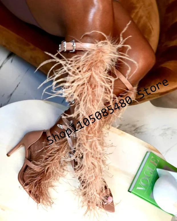 Pink Fur Belt Buckle Open Toe Stiletto Boots for Women