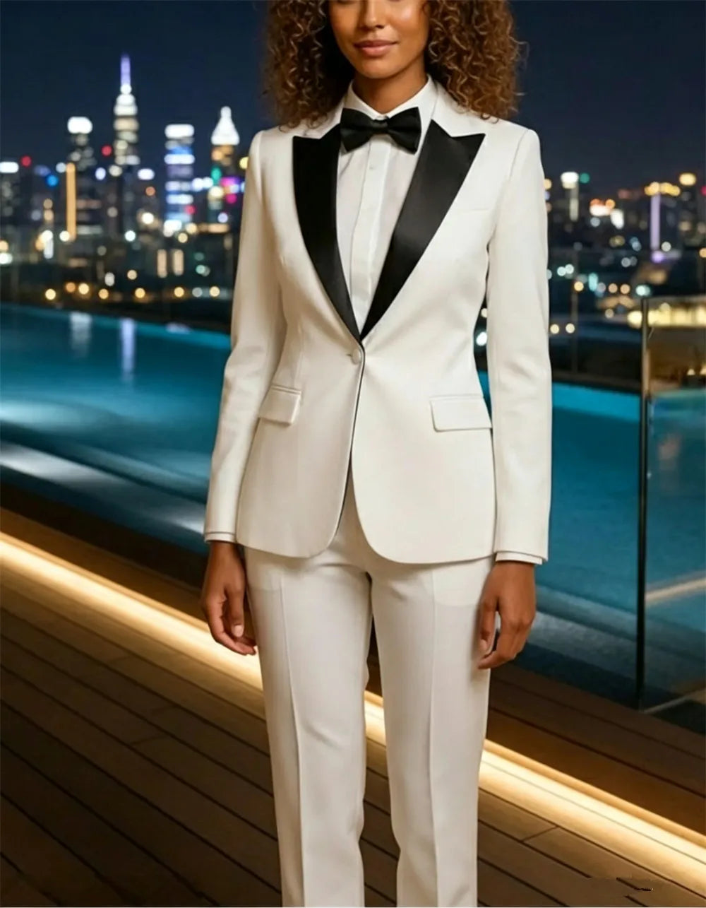 Ladies 2 Piece Suit White Suit Black Tuxedo Lapel Suits Elegant Pantsuit Tuxedo Style Business Suit (Blazer+Pants)