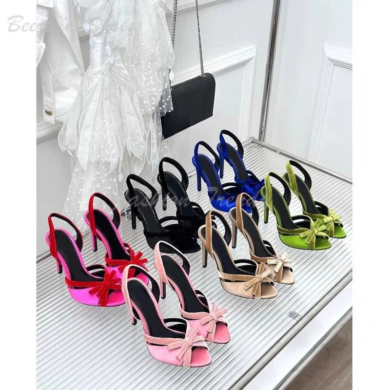 Rose Red Suede Bow Buckle Stiletto Sandals For Women