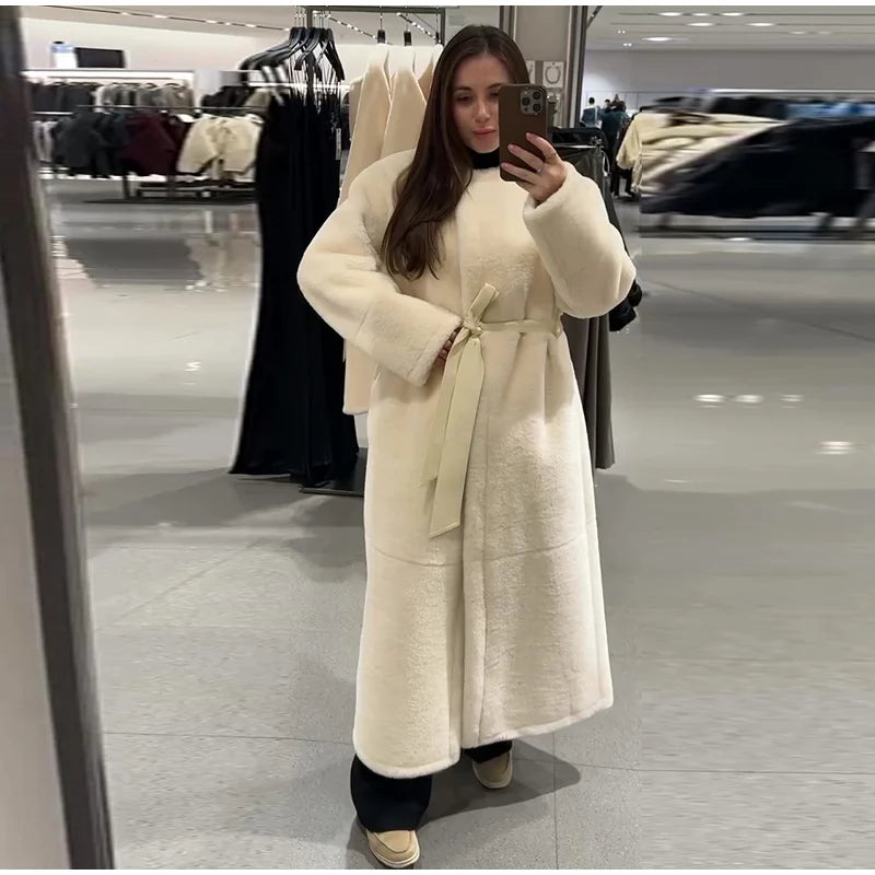 Lace Up Elegant White Faux Fur Long Coat for Women
