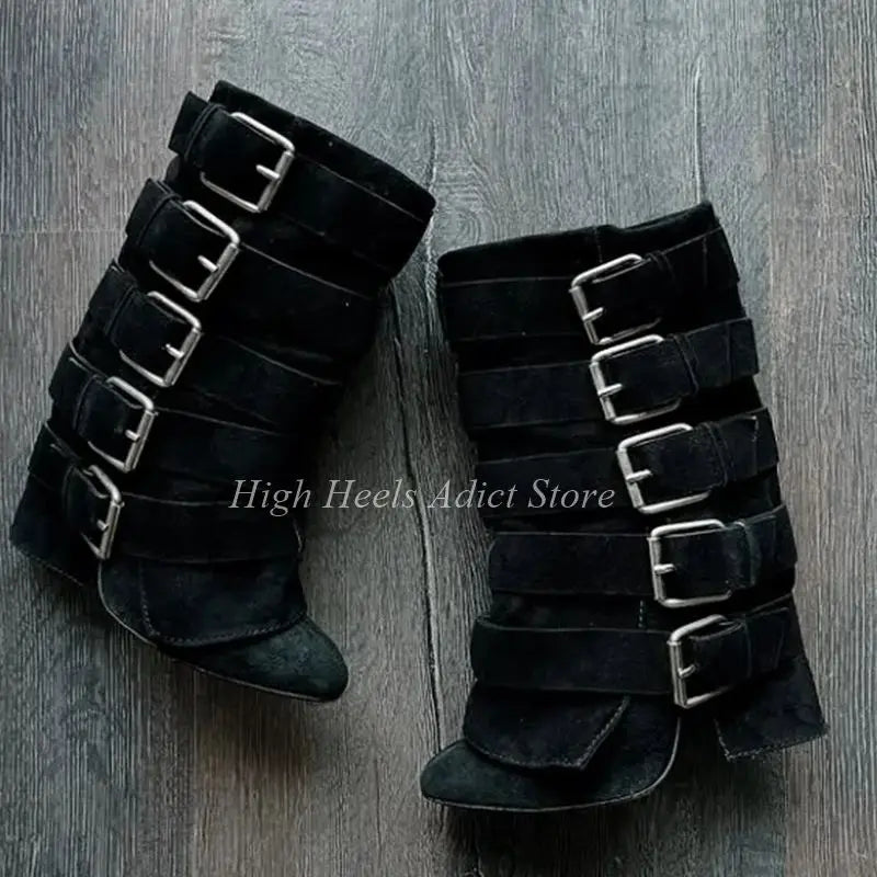 Black Suede Buckle Mid Calf Boots