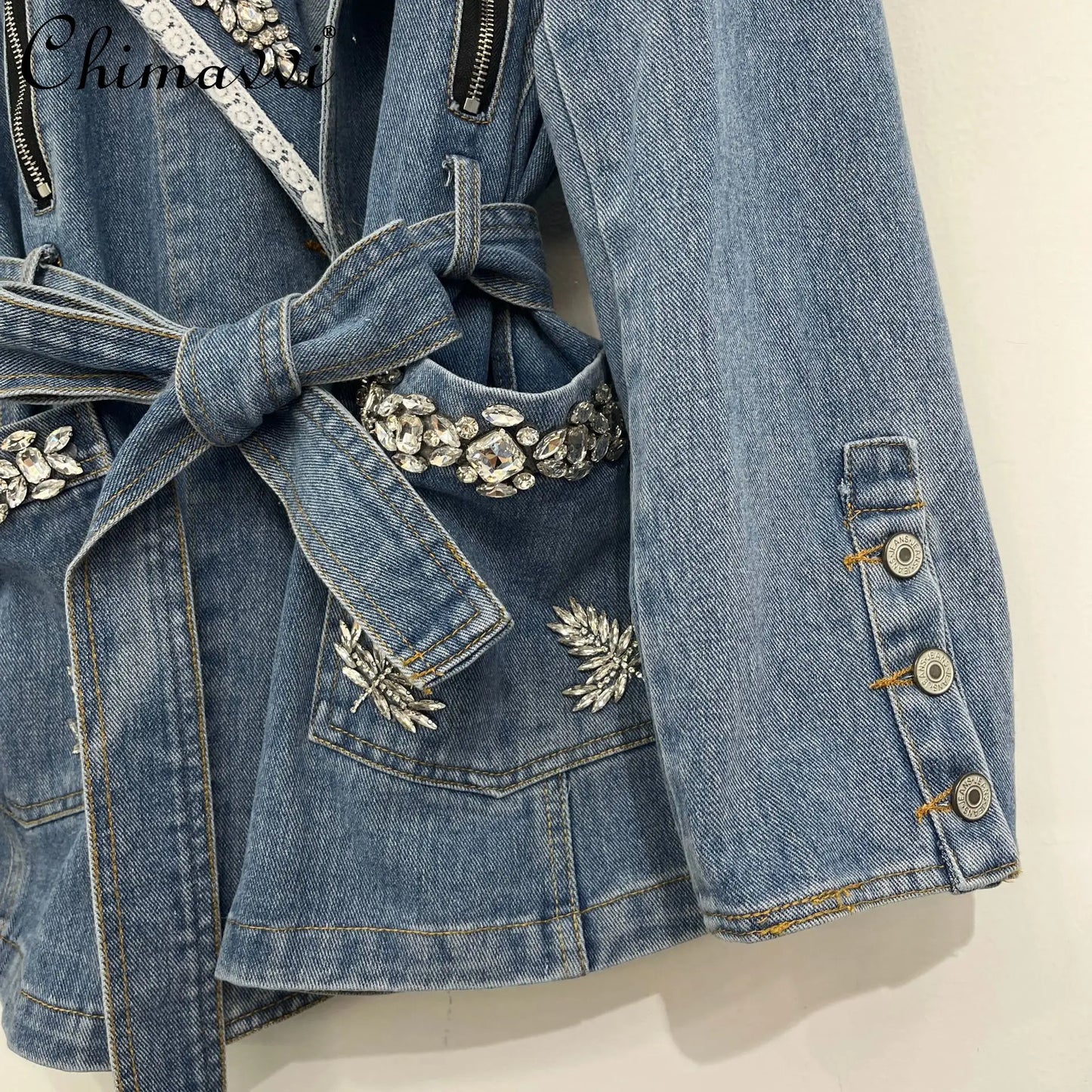 2026 Spring New Heavy Beaded Denim Jacket for Women Fashion Loose-fit Long-sleeve Streetwear Cinched Waist Denim Coat Tops