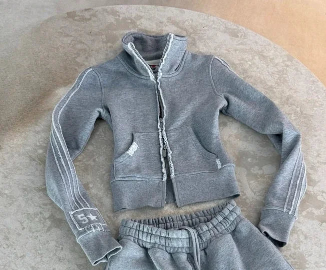 Letter Embroidery Zip Hoodie Set