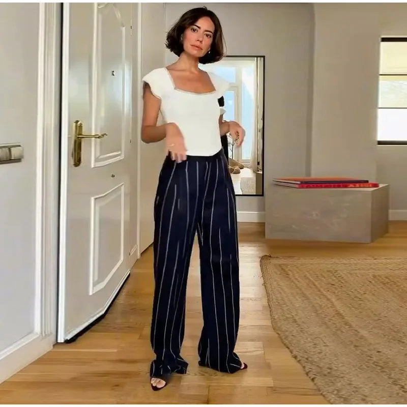 Elegant Striped Two Piece Coat and Pants Set for Women