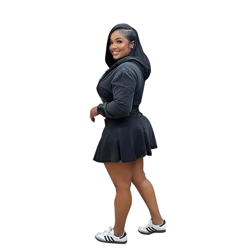 Hooded Denim Crop Top And Pleated Skirt Set for Women