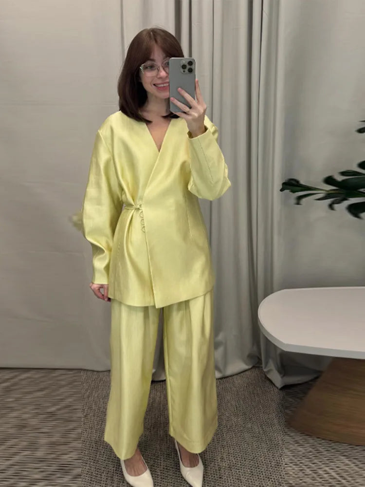 Lace Up Jacket and Wide Leg Pants Suit Set for Women