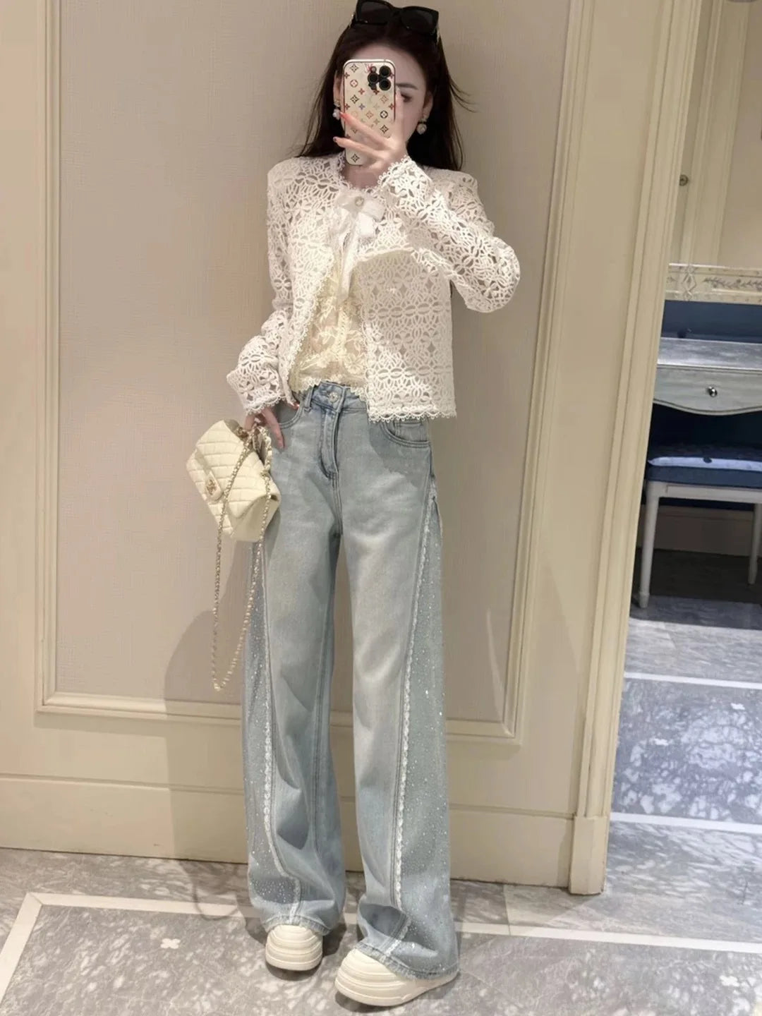 Heavy Rhinestone Embellished Washed Denim Straight Leg Jeans for Women