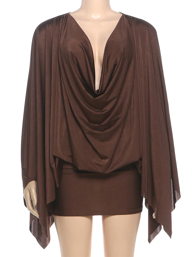 Satin Deep V Neck Mini Dress With Long Sleeves for Women