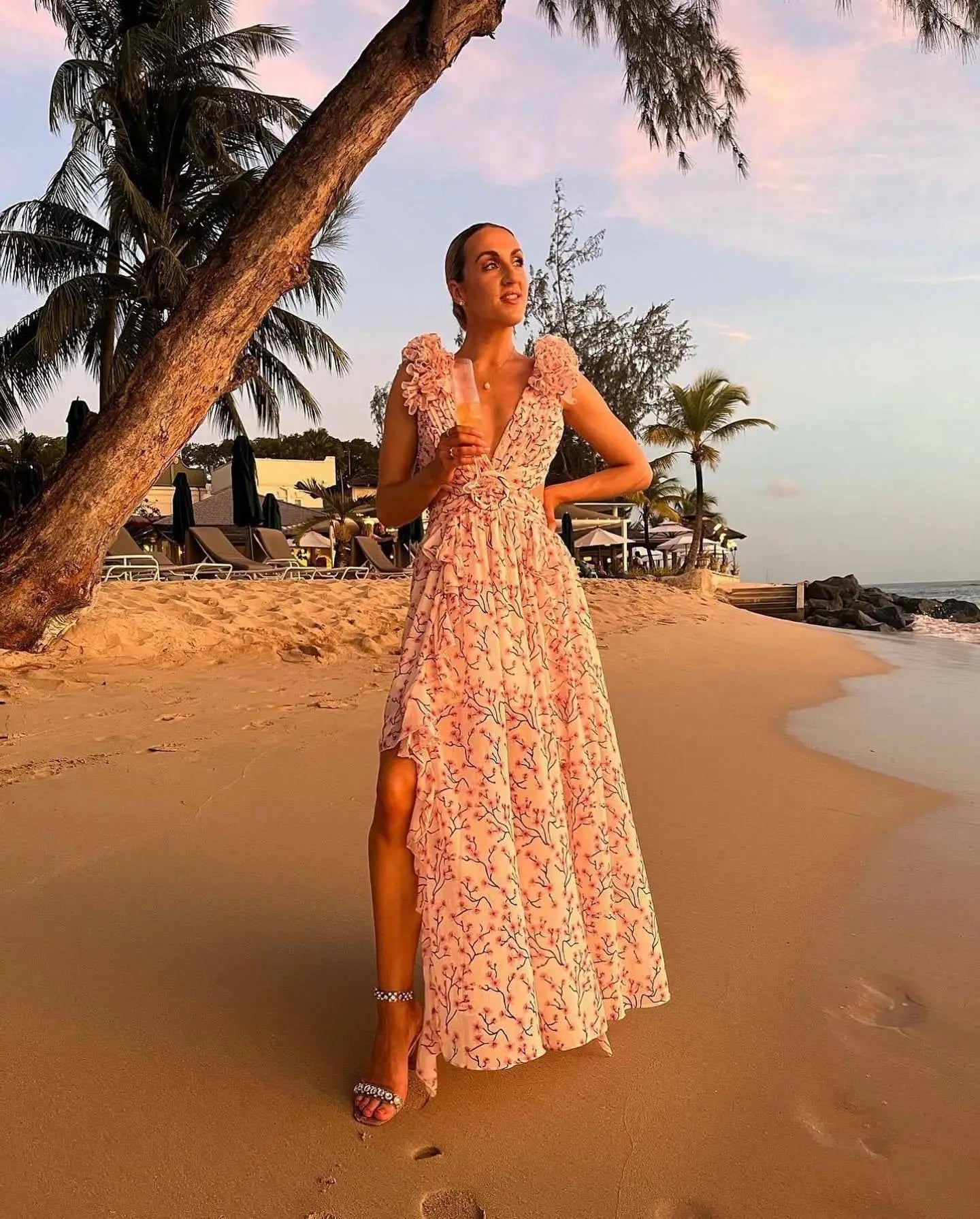 Summer Spring Women's Clothing Dress Hollow Out Slim Deep V Ruffle Edge Floral Backless Dress Loose Maxi