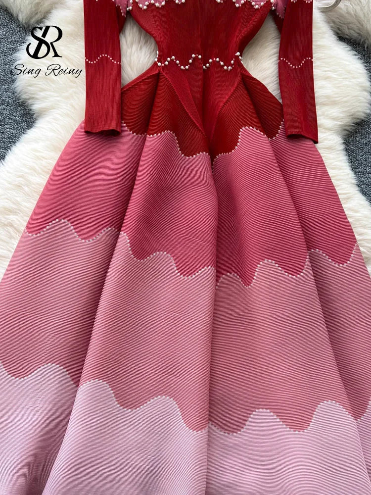 Wave Print Long Sleeve Ankle Length Evening Dress for Women