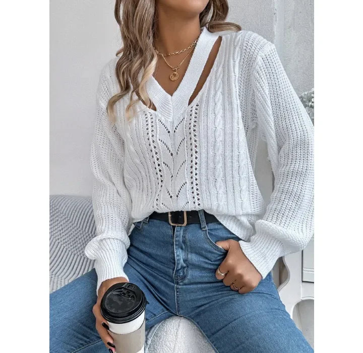Casual Sweater Women Streetwear Hollow V-neck Elegant Lantern Sleeve Head Tops 2024 Autumn/Winter New Long Sleeved T-shirt Y2k