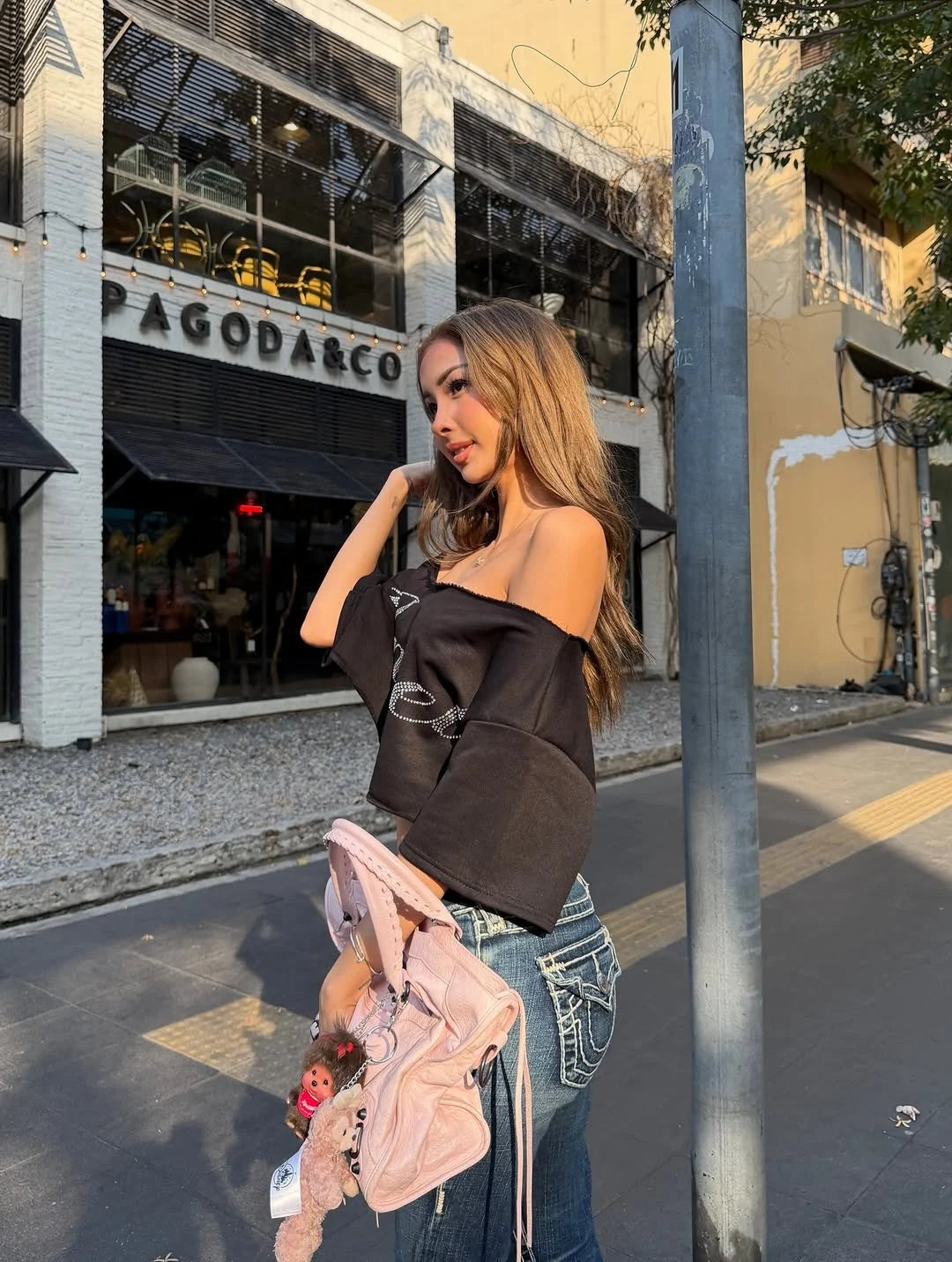 Rhinestone Letter Off Shoulder Cropped Tee for Women