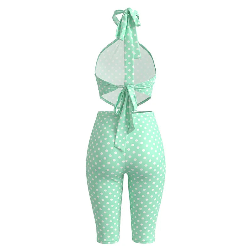 Polka Dot Ruched Mint Green Two Piece Set for Women