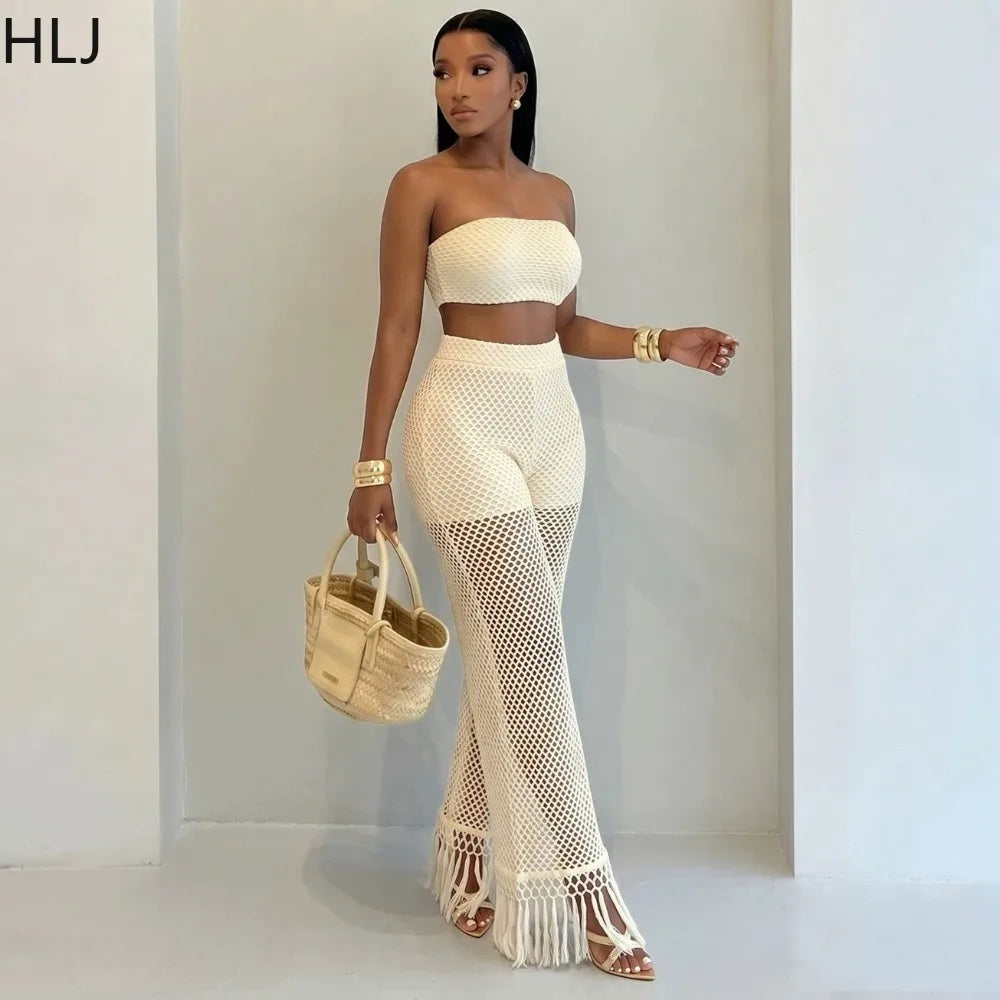 Crochet Bandeau Top and Tassel Wide Leg Pants Set for Women