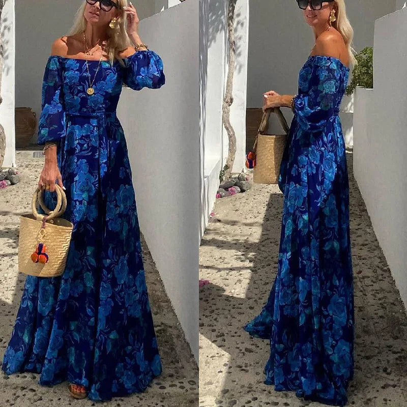 Vintage Pattern Print Long Dress Women Sexy Off Shoulder Long Sleeve Party Dress Fashion Waist Pleat Loose Hem Beach Dress