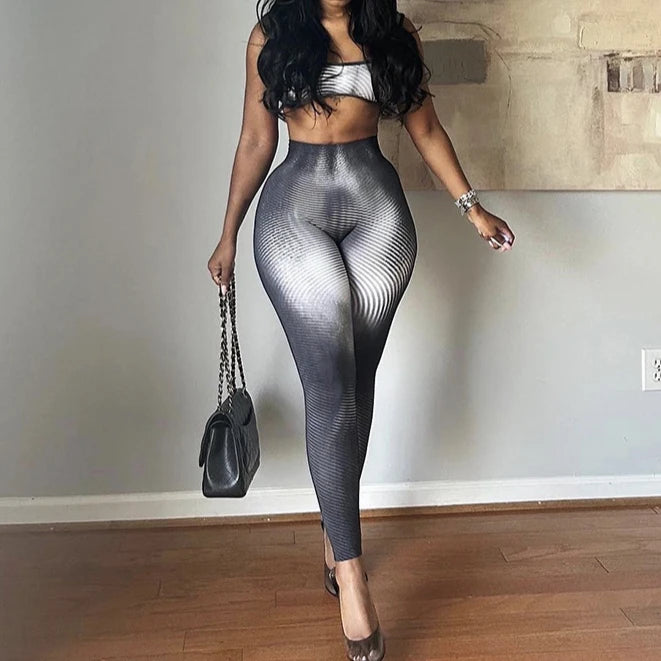FAGADOER Fashion Stripe Patchwork 2 Piece Sets Woman Outfit Gradient Backless Vest Top + Skiny Pants Suit Female Jogger Clothing
