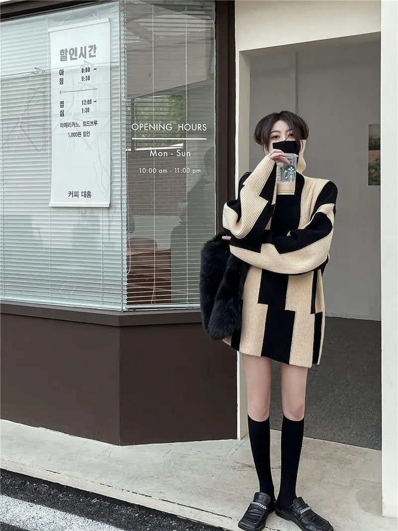 Relaxed Fit Striped Turtleneck Knit Sweater for Women