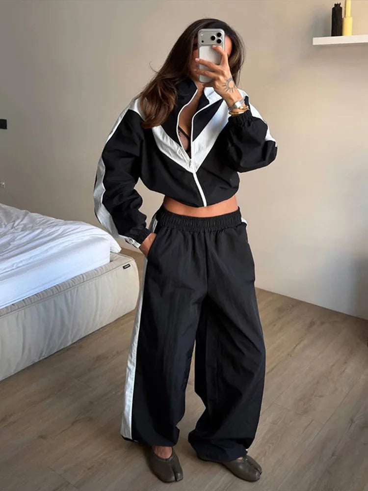 Color Block Zip Up Tracksuit With High Waist Shorts For Women