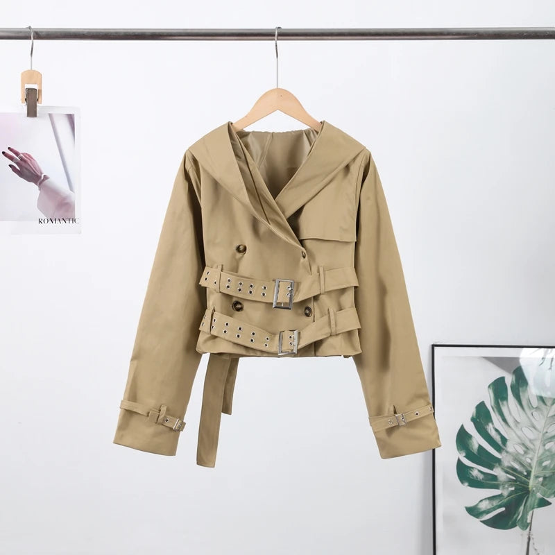 Belted Button Front Long Sleeve Short Jacket for Women