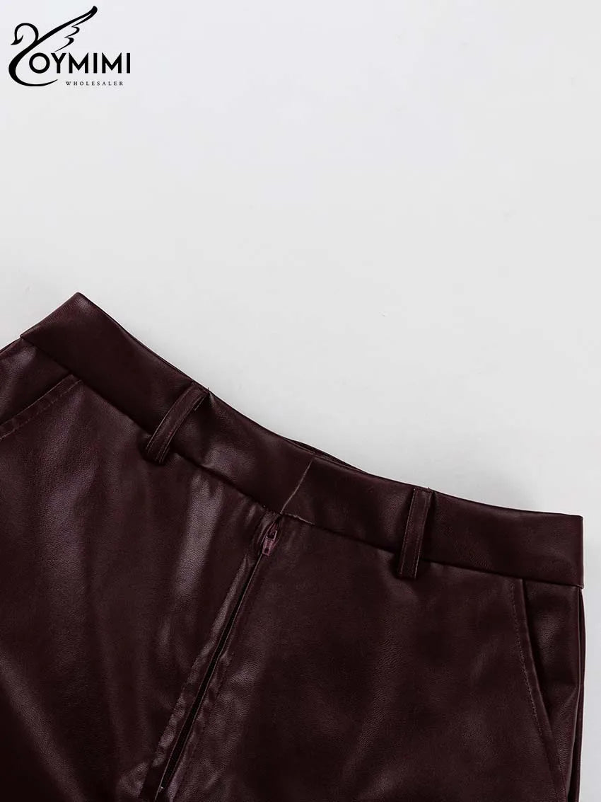 Oymimi Vintage Wine Red Pu Leather Womens 2 Piece Outfit Set Elegant Long Sleeve Lace-Up Shirts And Straight Simple Trousers Set