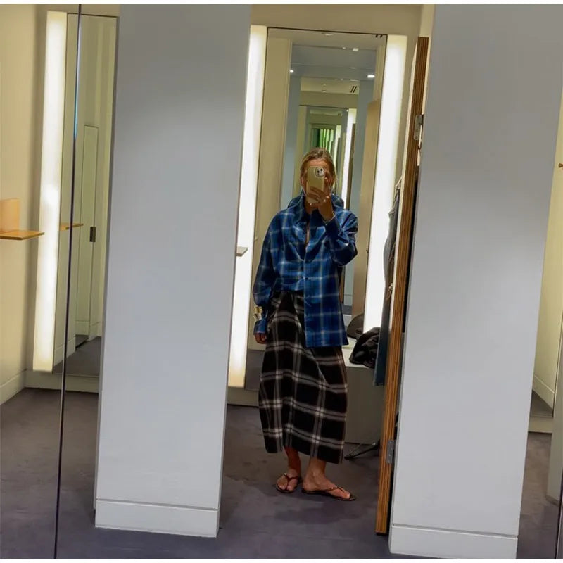 Women Checked Midi Skirt Fashion Casual Pleated Irregular High Waist Slim Mid-length Bottom Lady Daily New Commute Street Skirts