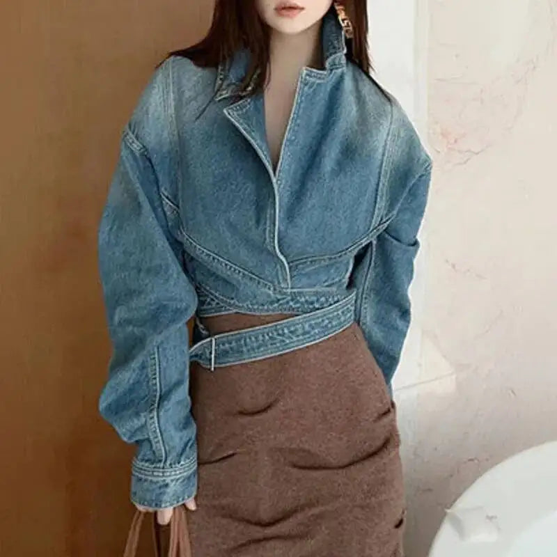 ANJY Autumn New Women Fashion Unique Lace- Up Distressed Washed Denim Jacket High Street Chic Versatile Casual Short Coat A16787