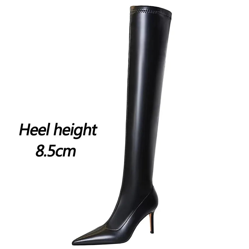 Black Leather Stiletto Over The Knee Boots for Women